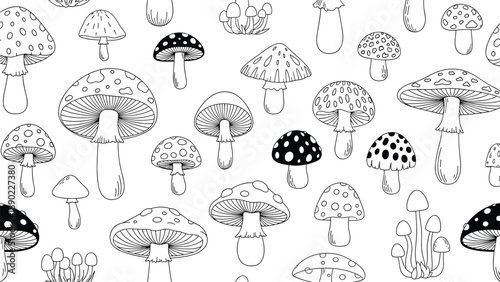 Seamless pattern featuring various hand drawn sketches of different mushroom species in a minimalist black and white line art style for decor.