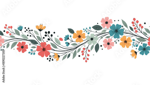 Elegant horizontal border design composed of colorful hand painted flowers and green leaves arranged in a graceful wave on a white background.