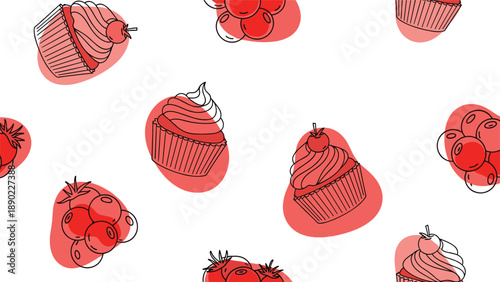 Whimsical pattern with line art of cupcakes and berry clusters on abstract red splashes for a sweet and vibrant food design.