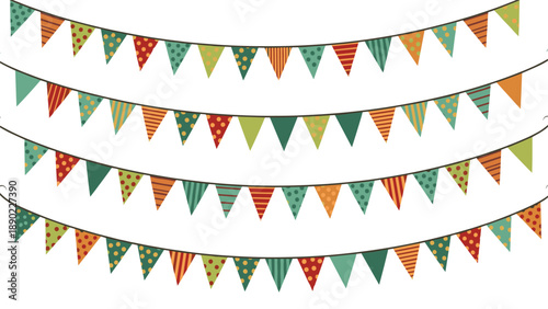 Festive rows of colorful triangular bunting flags with various patterns hanging on strings for party and celebration decor.