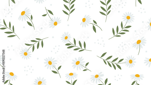 Refreshing seamless pattern featuring white daisy flowers with yellow centers and green leaves scattered over a clean white background.