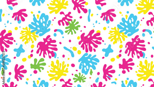 Vibrant seamless pattern of abstract organic shapes and colorful ink splats in pink, yellow, blue, and green on a bright white background.