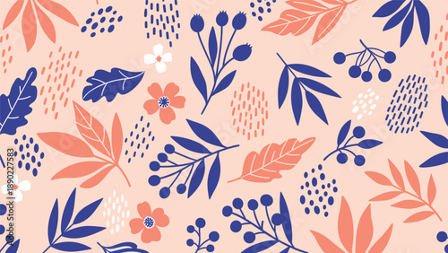 Stylish seamless pattern featuring abstract leaf silhouettes and small flowers in a palette of navy blue and coral pink on a peach background.