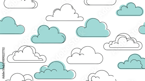 Soft white and teal fluffy clouds with thin black outlines form a dreamy and peaceful seamless pattern for a nursery or bedroom.