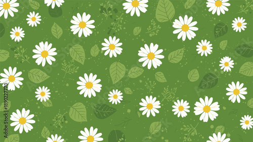 Cheerful white daisies and lush green leaves are scattered across a deep green background in this vibrant meadow seamless pattern.