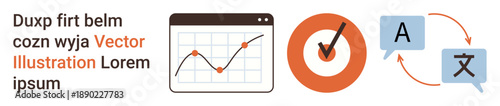 Business analytics, goal tracking, multilingual communication, data presentation, global solutions, productivity tools. Chart with growth, checkmark language exchange symbols. Business analytics