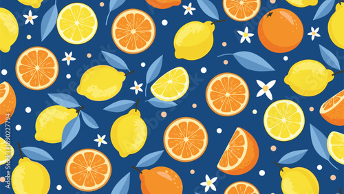 Vibrant lemons and oranges with fresh leaves and blossoms create a bright and citrusy Mediterranean seamless pattern on dark blue.