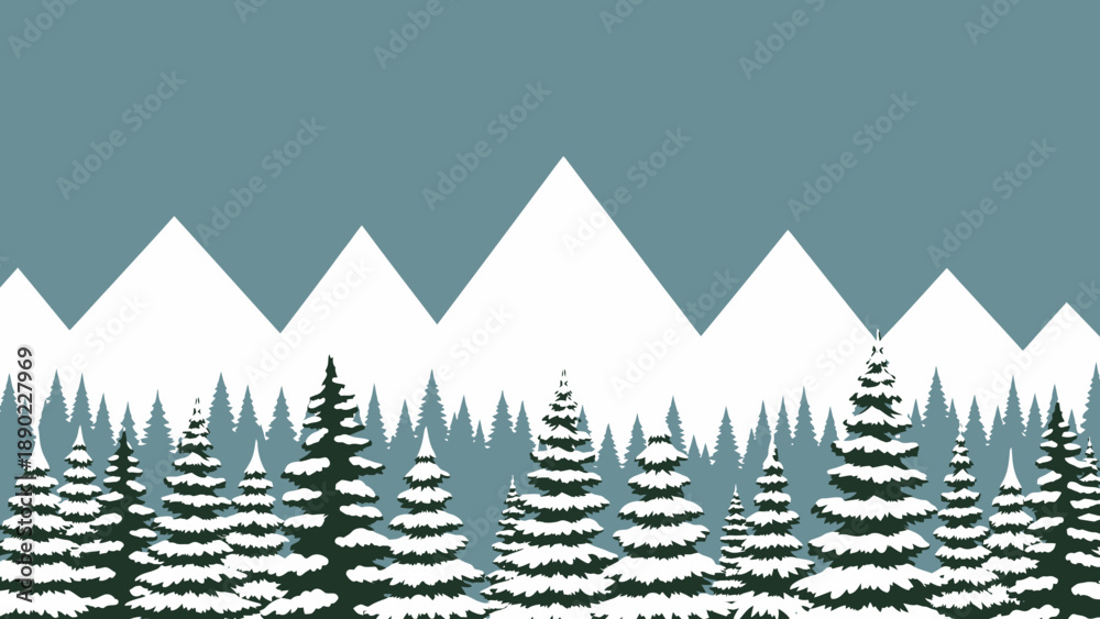 Fototapeta premium Winter Landscape with Snowy Pine Trees and Mountains, Peaceful Nature Scene