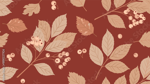 Autumn rowan berry and leaf seamless pattern featuring detailed beige foliage on a rich dark red background for elegant seasonal designs.