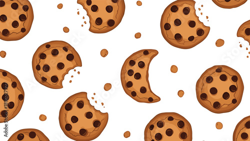 Delicious chocolate chip cookie seamless pattern showing whole and bitten cookies with crumbs on a clean white background for bakery decor.