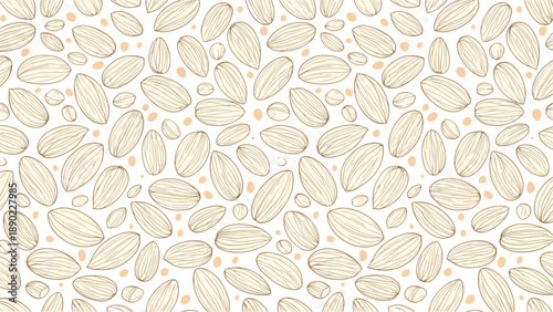 Detailed pattern of individual rice grains or seeds with orange dots on a white background for organic food packaging design.