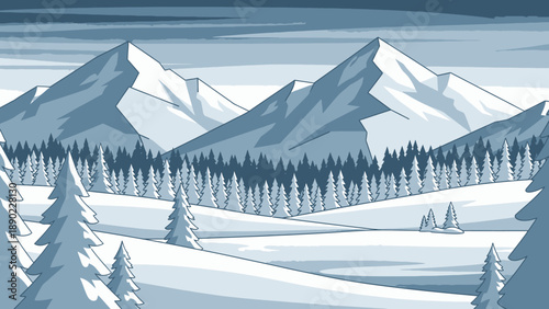 Expansive winter landscape featuring snow-covered mountains and an evergreen forest under a blue-grey sky.