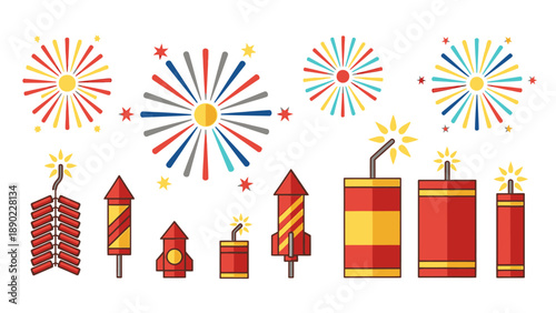 Colorful set of festive fireworks and traditional firecrackers for celebration events on an isolated white background.