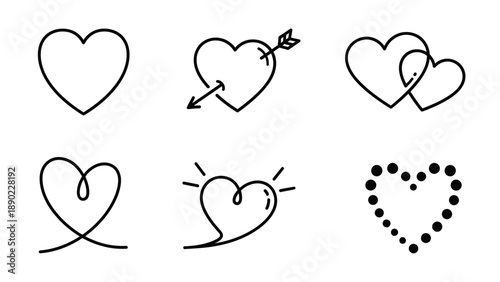 Set of diverse love heart line art icons with arrows, interconnected, and dotted designs on isolated white background.