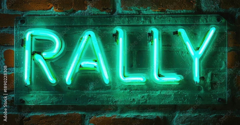 Obraz premium Bright neon sign spells RALLY against textured brick wall. Vivid green illumination creates dramatic visual impact. Simple, bold lettering.