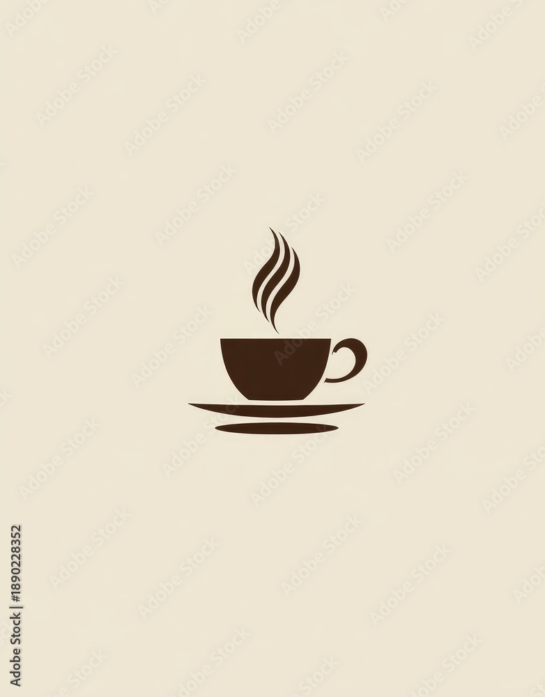 Obraz premium A minimalist illustration of a dark brown coffee cup and saucer with stylized steam rising above, set against a light beige background. The image is simple and elegant