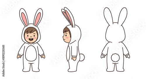 Cute cartoon child dressed in a white bunny costume shown from front side and back views perfect for Easter spring or children's themes, Generative AI.