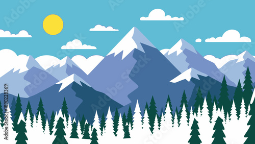 Peaceful Mountain Landscape with Pine Forest, Bright Sun, and Clouds