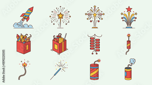 Colorful Fireworks and Firecrackers Set for Celebration on Light Green Background