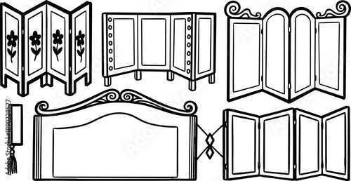 Black and white line art vintage style folding screen and decorative headboard vector set with floral and curved design elements