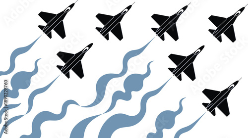 Fighter jet formation silhouettes with smoke trails, military aircraft pattern illustration isolated on white background, modern flat vector design