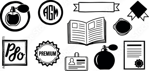 Black and white vector icon set of perfume bottles badges documents and ribbons for branding and packaging design