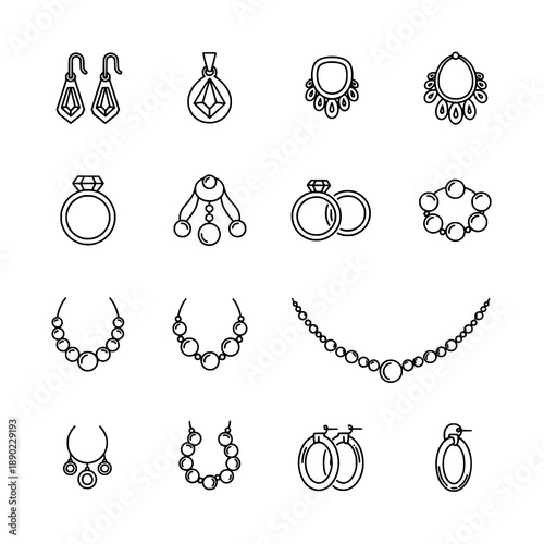 Jewelry vector icon set with earrings, pendant, wedding rings, beads, necklace, and hoop in editable stroke