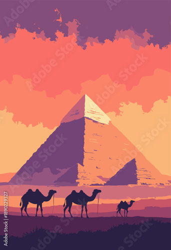 Vertical vintagestyle flat illustration Great Pyramids Giza, Egypt Warm sunset palette orange purple gradients Silhouette camels foreground No people