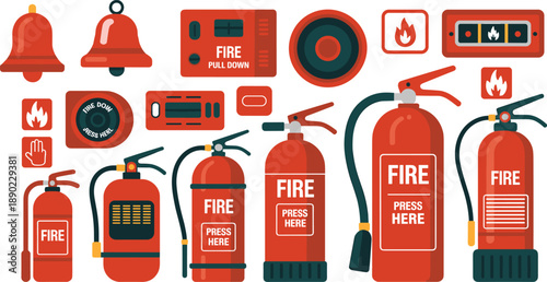 Fire safety equipment illustration set with extinguishers alarms icons and emergency symbols for industrial workplace and home protection design