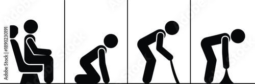 Human aging process silhouette showing posture and mobility decline from sitting to standing healthcare infographic vector illustration design