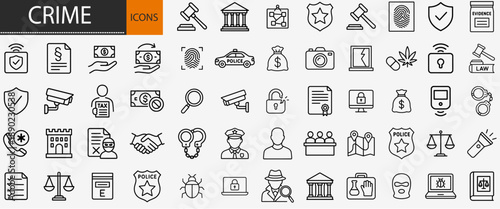 Crime and justice law icons set, thin line police investigation and criminal security evidence vector illustration