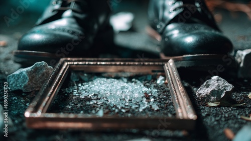 Broken mirror and black boots on dark outdoor surface for moody dramatic storytelling and alternative fashion concept