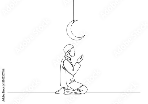 Ramadan Continuous Line Art A Spiritual Journey Under the Crescent Moon Illustration