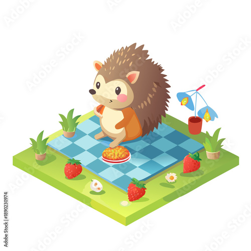 A small hedgehog sitting on a checkered blanket, surrounded by strawberries and tiny sandwiches, sunny park, soft 3D cartoon style.
