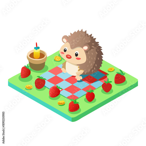 A small hedgehog sitting on a checkered blanket, surrounded by strawberries and tiny sandwiches, sunny park, soft 3D cartoon style.