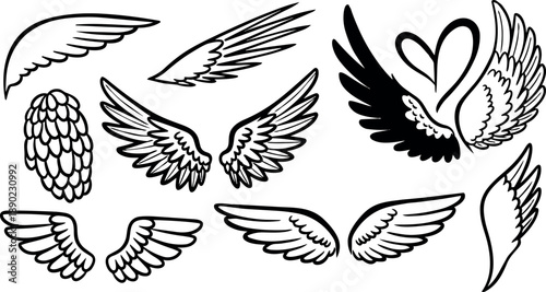 Hand drawn wing set with various feathered styles including a heart shaped design simple black line vector art collection