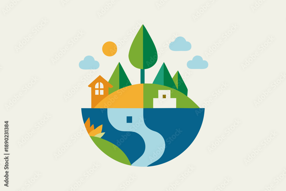 Obraz premium Miniature world with house sun and river island floating