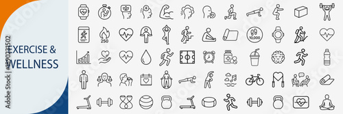 Exercise and wellness line icons set, fitness healthy lifestyle vector elements