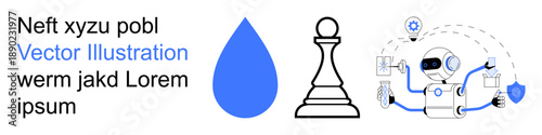 Technology, artificial intelligence, innovation, decision-making, strategy, data management. Icons include a water drop, chess piece and robot connected to data. Artificial intelligence and strategy