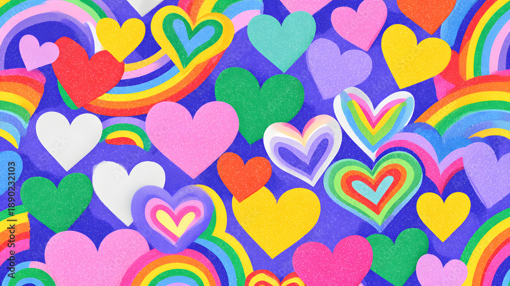 Fototapeta premium A vibrant and colorful pattern featuring joyful hearts intertwined with rainbows, creating an abstract background full of glitter and love.