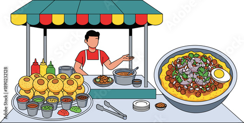 Popular street food fuchka and chotpoti stall with vendor vector