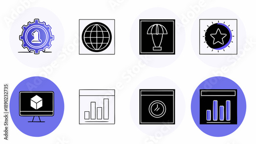 Line icon set vector, business and technology symbols, consistent stroke width, minimal outline style, black icons on white background, editable scalable vector, stock icon pack