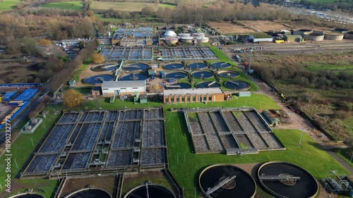 Massive Sewage Treatment Facility in Hoddesdon United Kingdom, Cinematic Drone Shot of Effluent Filtration and Water Purification Infrastructure 4K