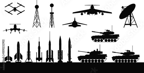 Military weapons and defense equipment silhouette icon set featuring missiles tanks aircraft drones radar for modern warfare illustration vector