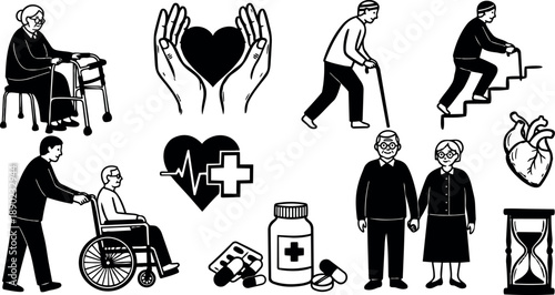 Black and white vector icons of elderly care with senior couple holding hands walking cane wheelchair heart symbols and medical pills in simple outline style