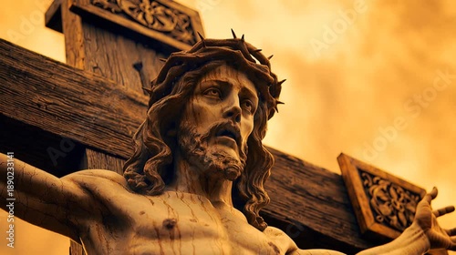 Statue of Jesus Christ the Savior of the World with crown of thorns from crucifixion atonement and resurrection cross