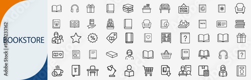 Bookstore and library icons set, thin line book shop and literature education vector illustration