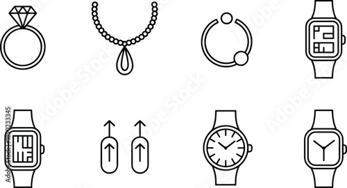 Minimal jewelry and smartwatch line icons set featuring ring necklace earrings watches isolated on white background vector design