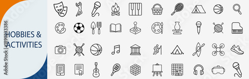 Hobbies and activities icons set, thin line outdoor recreation and creative leisure interests vector illustration