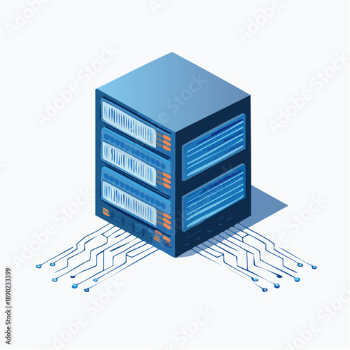 Isometric database server icon with digital circuit connections for cloud computing and network storage concept